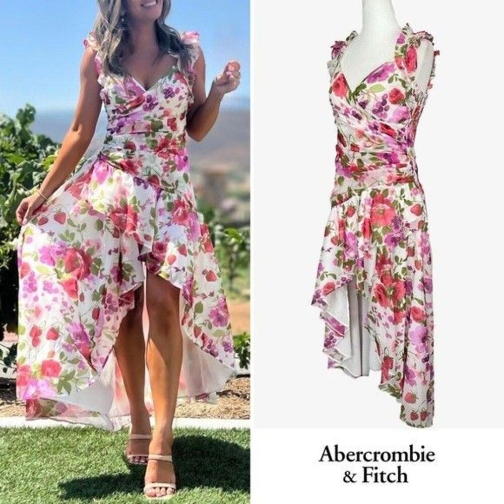 Abercrombie &Fitch Strawberry Floral Ruffle Hi-Low Dress XL Tall Romantic Formal